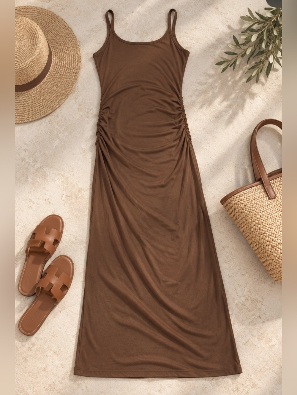 Rebecca Taylor Brown Ruched Modal Maxi Dress Size S Chocolate Tank Dress - Picture 3 of 10